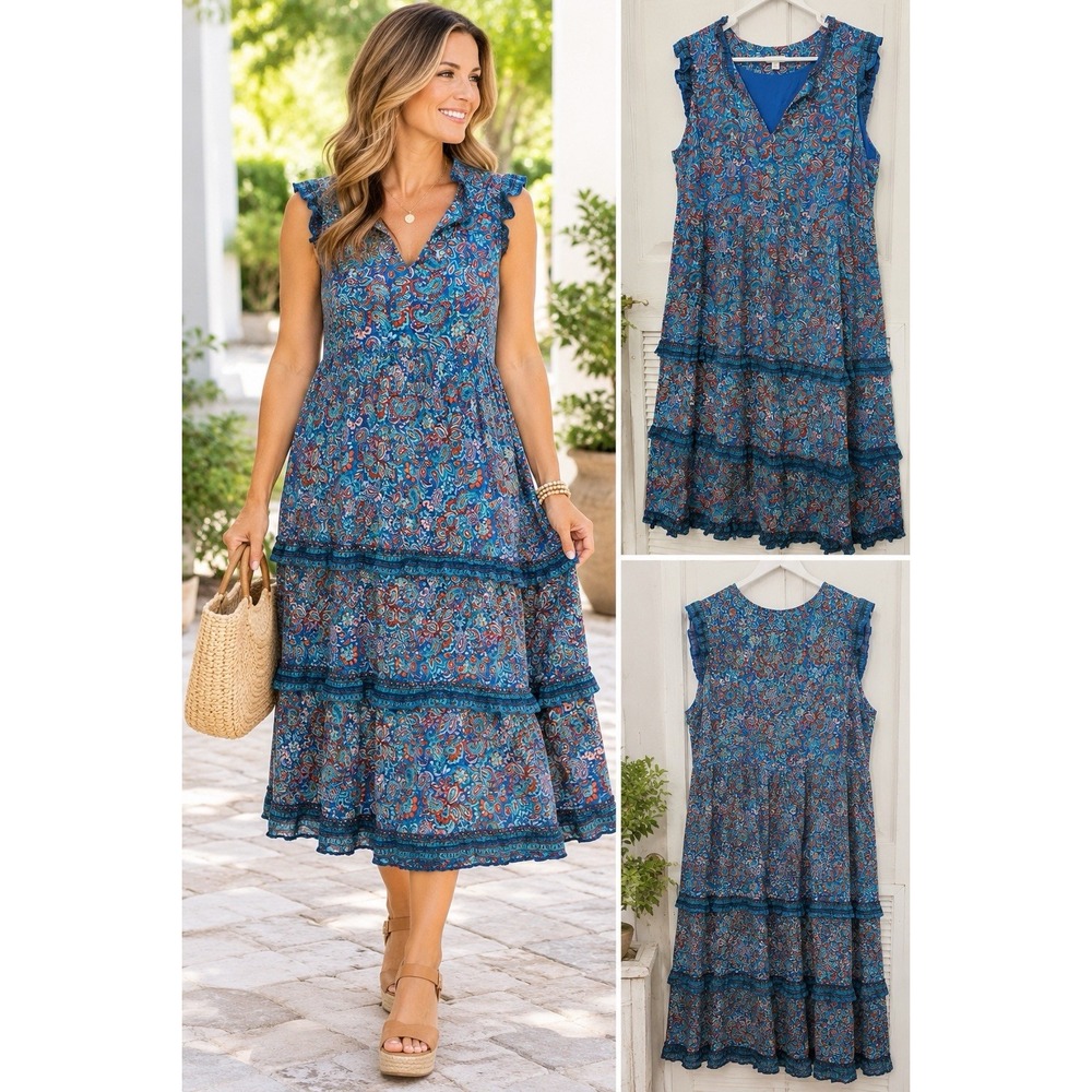 J Jill Coastal Ruffles Midi Dress XL Petite Blue Paisley Tiered Rayon BohoThat